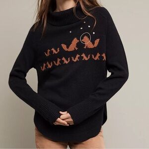 Moth ANTHROPOLOGIE Black Fanciful Fox Wool Blend Turtleneck Pullover Sweater S